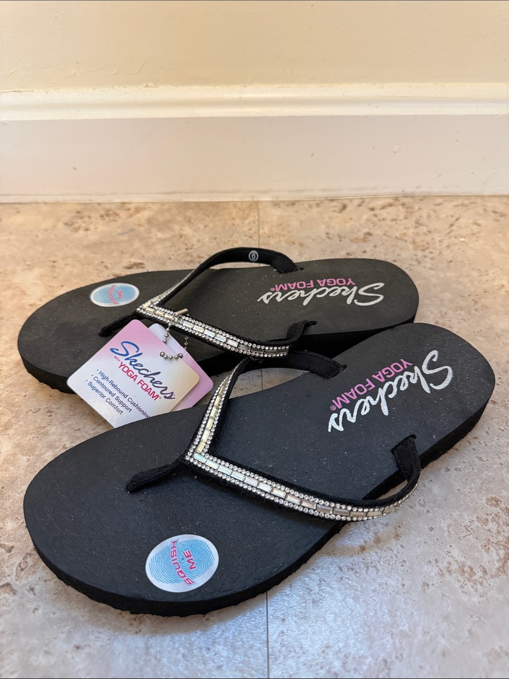 Skechers Meditation Black Rhinestone Yoga Foam Flip Flops NWT